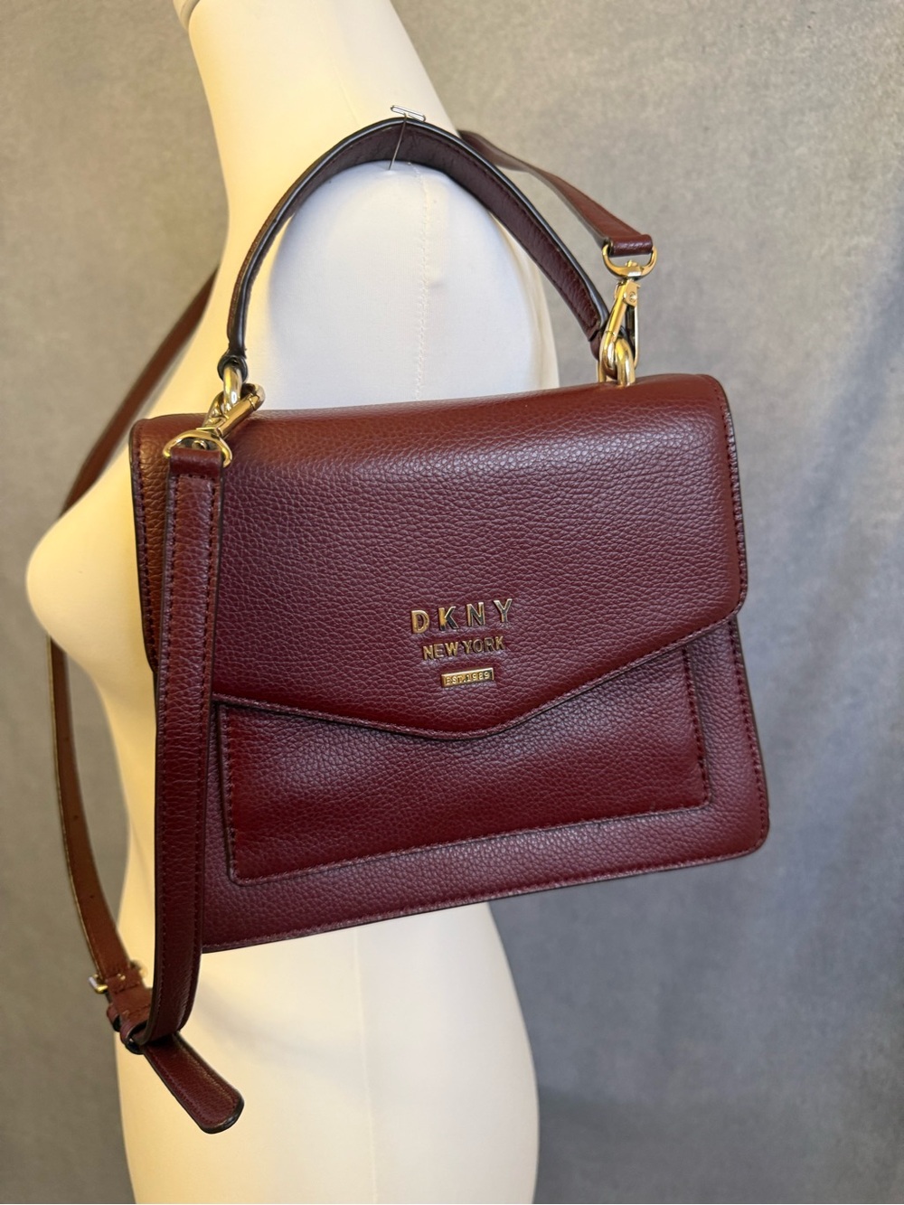 DKNY Burgundy Pebbled Leather Top-Handle Satchel with Gold Hardware